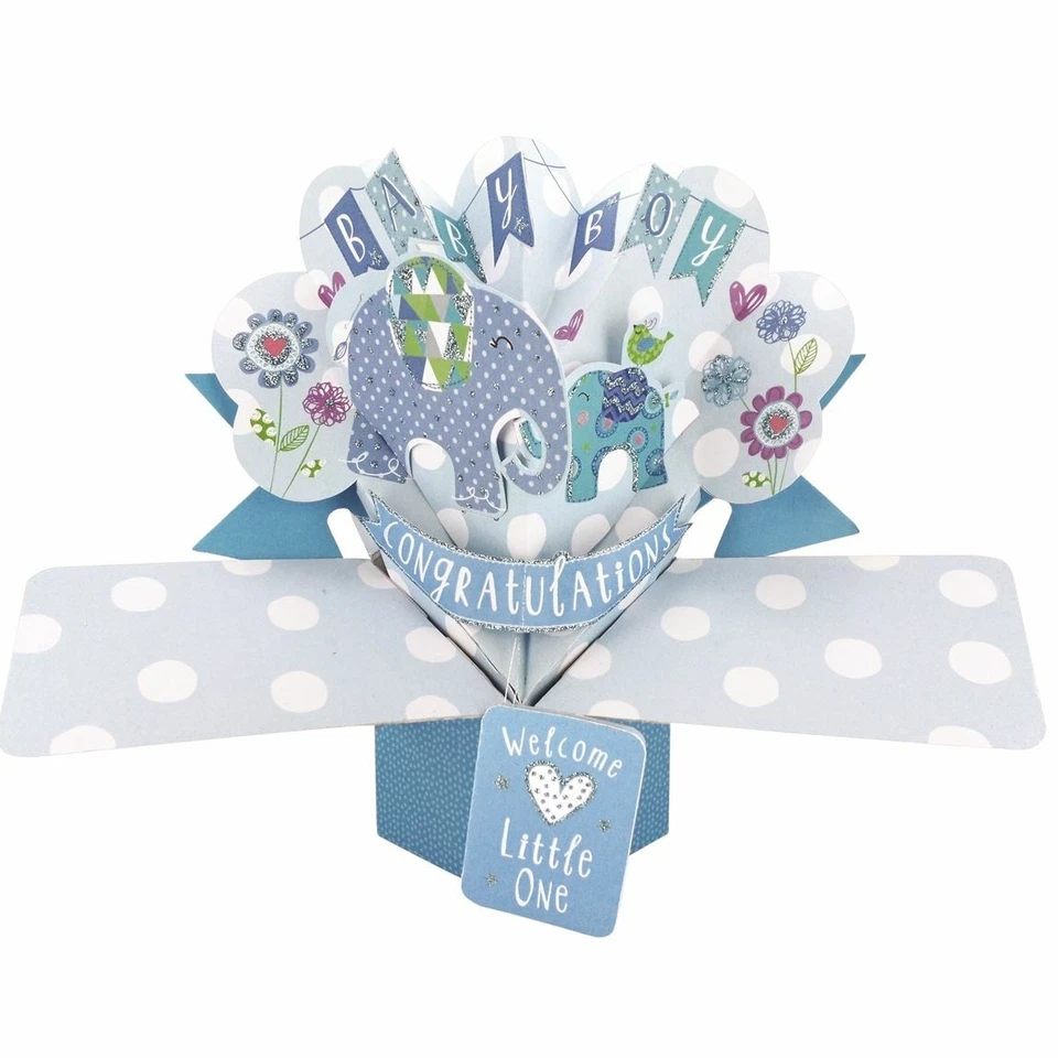 Tarjeta emergente 3D bebé recién nacido niño elefantes azules tarjetas de felicitación Foto 1 de 1