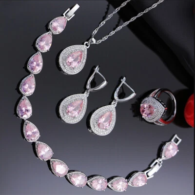 4pc Jewelry Set Pink Topaz Gemstone Silver Women Ring Earring Bracelet Pendant - Image 1 of 4