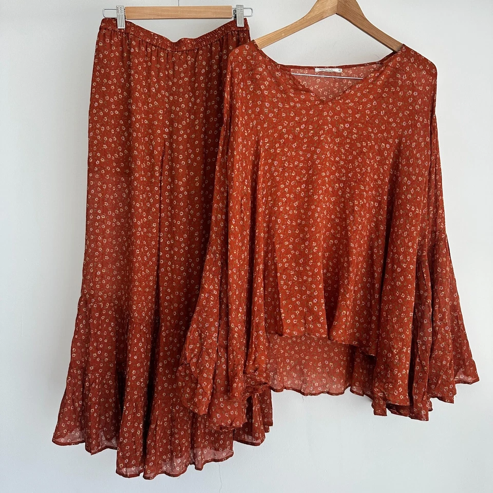 Mes Demoiselles Matching Set 38 40 Rustic Silk Boho Flowy Blouse Wide Leg Pants Foto 1 de 4