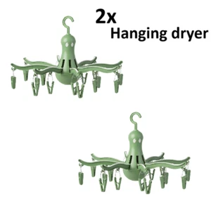 Hanging Clothes Dryer with 16 Pegs Green 2 Pack Portable Folding Laundry Rack - Picture 1 of 6