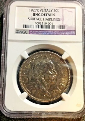 Italy 1927 R VI Italy 20 Lire Emanuele III Graded NGC UNC Details KM 69  - Image 1 of 4