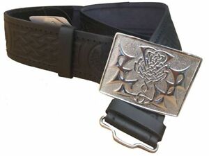 Leather Thistle Design Kilt Belt Black Scottish Chrome Finish Celtic Buckle 