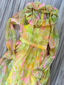 Vintage! Amazing Layered Ruffle Collar Yellow And Pink Maxi Dress 60s 70s - Picture 1 of 9