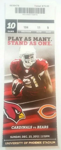 2012 Arizona Cardinals Chicago Bears NFL Football Ticket Stub Cover