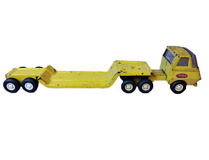 Vintage TONKA Lowboy Flat Bed Tractor Trailer Truck Yellow Pressed Steel 1970s