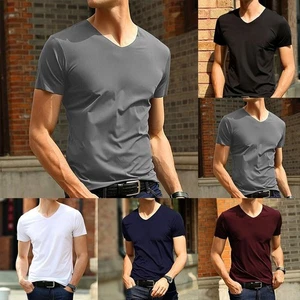 Männer T-Shirt Eis Seide Kurzarm V-Ausschnitt Sommer Casual Slim Fit Tops - Picture 1 of 16