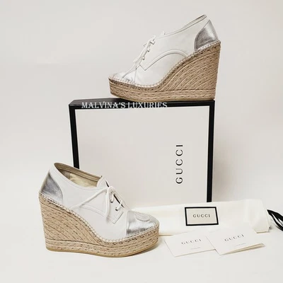 ZAPATOS GUCCI PILAR GG LOGO CUERO ALPARGATAS CUÑA CORDONES $790 IT 37 US 7 Foto 1 de 4