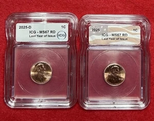 2025-D & 2025-P MS 67 RD Lincoln Cent Last Year of Issue ICG-Certified -2 Coins - Picture 1 of 4