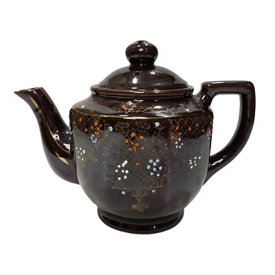 Tetera japonesa de colección Redware Moriage marrón pintada a mano floral dorado Art Deco Foto 1 de 4