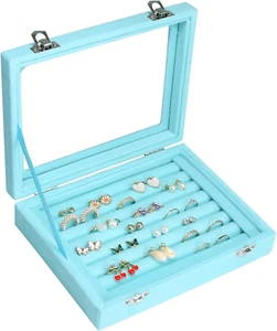 7 Slots Velvet Glass Ring Jewellery Display Storage Box Tray Case Holder - Picture 1 of 11