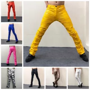 Men Crinkle Faux Leather Shiny Metallic Wet Look Stretch Pants Trousers Punk - Picture 1 of 22