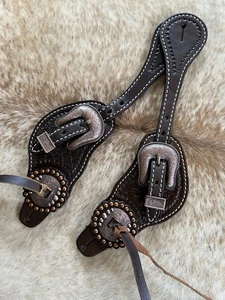 MENS Tooled Rich Brown Leather Western PAIR of Spur Straps Copper Hardware - Picture 1 of 7