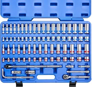 76-Pcs 3/8" Drive Socket Set SAE Metric Standard Deep Cr-V Steel for Auto Repair - Picture 1 of 4