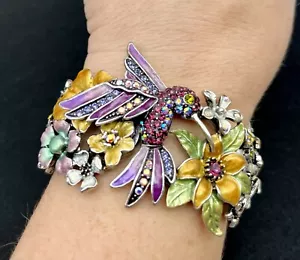 Kirks Folly Hummingbird & Flowers Bracelet Silver Tone Purple Enamel & Crystals - Picture 1 of 18