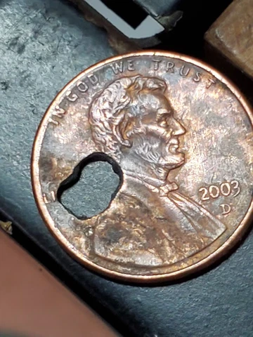 Lincoln Penny off set error 'L' liberty & "in god" on Edge - hole in penny Cover
