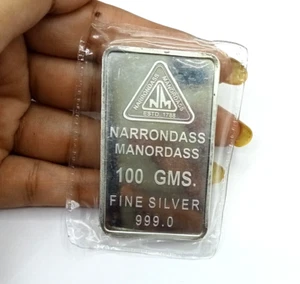 100%999 Fine Purity 100 Grams Narrondass Manordas Seal Pack Rectangle Silver Bar - Picture 1 of 8