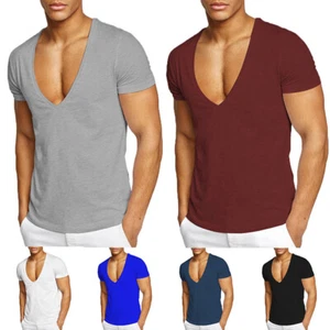 Hombres Camiseta Profunda V Algodón Sexy Corte Bajo Calce Ajustado Manga Corta Gimnasio Músculo Camiseta Prendas para el torso - Imagen 1 de 24