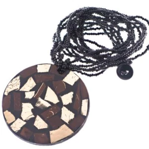 Sale Coconut Wood Mosaic Black Seed Beads Necklace, ! 2 3/16" - Picture 1 of 2