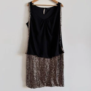 Vintage Black Drop Waist Gold Sequin Mini Dress Shift Chiffon City Chic - Picture 1 of 8