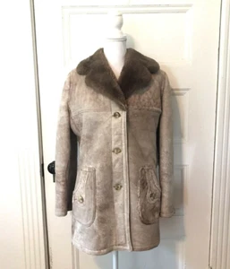 Sheepskin SHEARLING JACKET Distressed Sz L Pockets Brown Mid Length Button Front - Picture 1 of 8