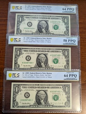 (3) Consecutive $1 1995 ⭐Star Notes⭐ - Fr. 1921-A* - A02287479-80-81* -  PCGS 64 - Image 1 of 4