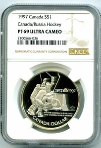 1997 S$1 CANADA RUSSIA HOCKEY SILVER PROOF NGC PF69 ULTRA CAMEO DOLLAR RARE! - Picture 1 of 2