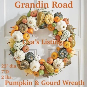 NIB GRANDIN ROAD PUMKIN & GOURD WREATH 23" dia x 7"D HARVEST FALL THANKSGIVING - Picture 1 of 12