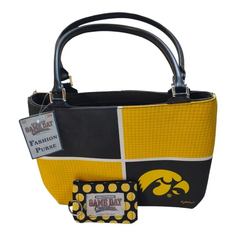 Women's Iowa Hawkeyes Game Day Checkered Purse Bag Accessory With ID Badge Nwt Cover