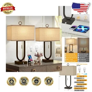 Modern Set of 2 Bedside Lamps - 24'' USB Charging Table Lamps with LED Bulbs - Picture 1 of 10