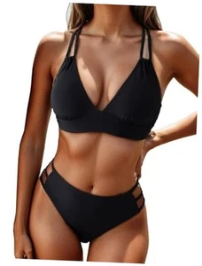 Women's Push Up V Neck Bikini Sets Criss Cross Back Two Piece Medium Black - Picture 1 of 7
