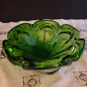 Vintage MCM Murano Italian Art Glass Emerald Green Clear Controlled Bubble Bowl - Picture 1 of 10