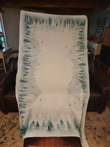 Tablecloth White With Blue/Green Water Color pine trees Birds 60"x100". Read - Picture 1 of 4