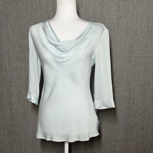 Brooks Brothers Size 4 Pale Blue Silk Drape Neck Blouse 3/4 Sleeve Stretch - Picture 1 of 11