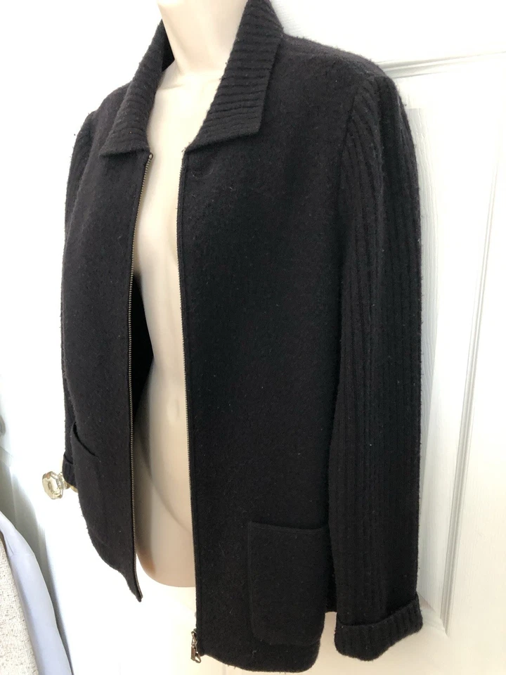 Lands End Womens Cardigan Sweater  Black Boiled Wool Knit Sleeves Full Zip Large - Image 1 of 4