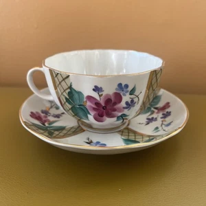 Lomonossow Porzellan Green House Teetasse Untertasse signiert Blumen Gold Russland - Bild 1 von 5