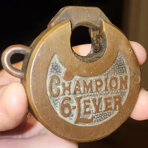 ANTIQUE CHAMPION 6 LEVER BRASS BRONZE PANCAKE PADLOCK LOCK NO KEY - Picture 1 of 6
