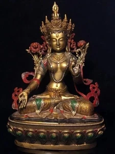 12" Tibet Buddhism temple bronze Gilt white tara Kwan-Yin goddess Buddha statue - Picture 1 of 8