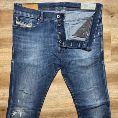Jeans Diesel Hombres 34x34 Azul Tefphar Slim Zanahoria Elastizados Rasgados Oscuro Moderno 0860L Foto 1 de 4