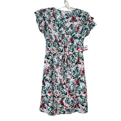 Maison Jules Printed Flutter-Sleeve Dress White Green Red Womens XXS - Image 1 of 4