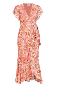 Tanya Taylor Blaire Ruffle Floral Midi Dress Faux Wrap Guava Flounce Flowy Sz 22 - Picture 1 of 14