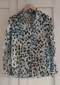 Ladies Cream Brown Black Pattern Long Sleeve Sheer Top Blouse Shirt Fit Size 10 - Picture 1 of 1