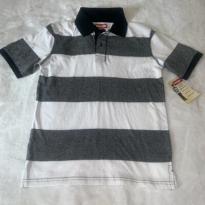 Boy's Size Large 10-12 Wrangler Short Sleeve Polo Shirt Top Black White Striped - Picture 1 of 5