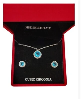 Vinyage DANECRAFT  Silver Plate CZ's Aquamarine Blue Necklace Earrings CZ Set - Image 1 of 4