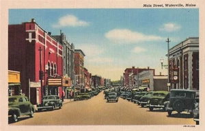 Main Street Waterville ME Maine Bank Uhr Ladenfronten um 1940 Postkarte E21 - Bild 1 von 2