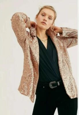Free People Midnight Message Sequin Party Moto Jacket Rose Pink, Small, RRP $168 - Image 1 of 3