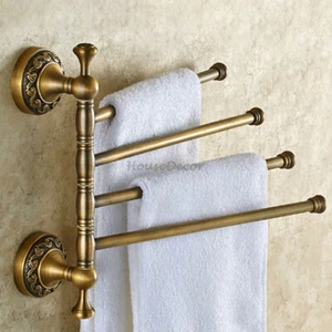 Antique Brass Wall Mounted Swivel Towel Rail Holder Bathroom 4 Bar Storage Rack - Picture 1 of 6