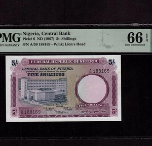 Nigeria 5 Shillings 1967 P-6 * PMG Gem Unc 66 EPQ * Very Rare Grade * - Picture 1 of 2