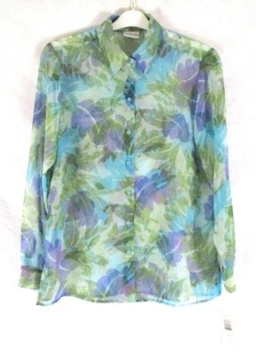 Villager Liz Claiborne 透明衬衫花卉 S 码纽扣长袖女式 CB12B — 第 1/4 张图片