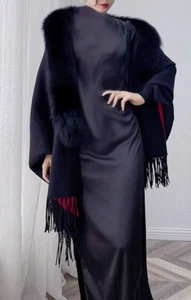 Women's Brand New Black Red Cashmere Wool Wrap Cape Detachable Black Fox Fur - Picture 1 of 5