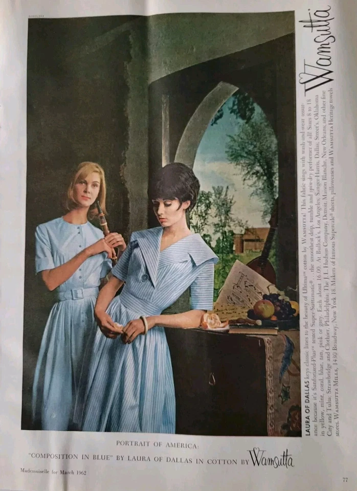 1962 women's Laura of Dallas cotton  by Wamsutta blue dresses vintage ad - Image 1 of 1